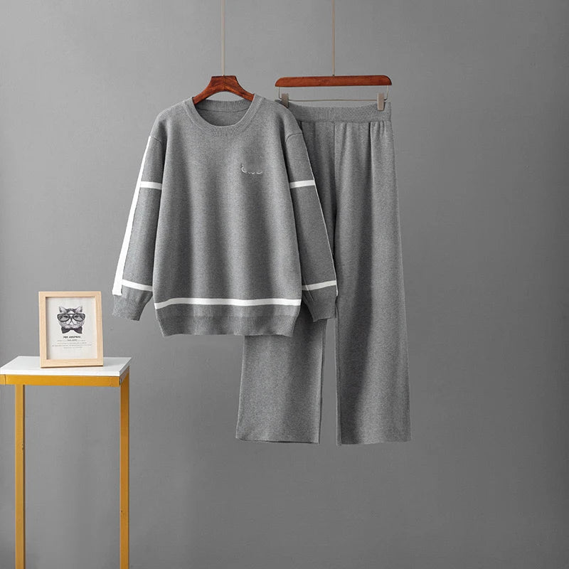 Casual Fashion Women Knitted 2 Piece Sets Korea Soft Strecth O-neck Sweater Tops Conjunto Elegant High Waist Wide Leg Pants
