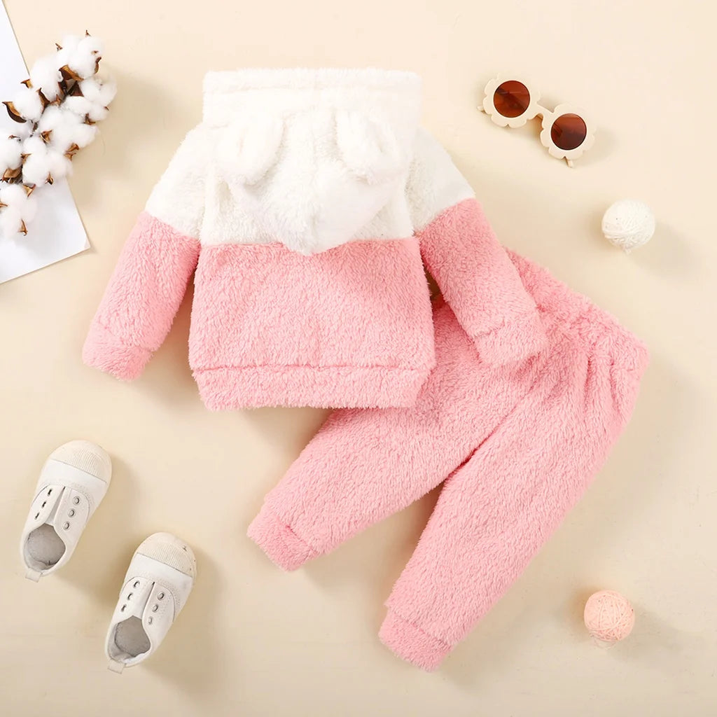 Newborn Baby Girl Fluff Hooded Clothes Set Long Sleeve Hoodie Top + Pant