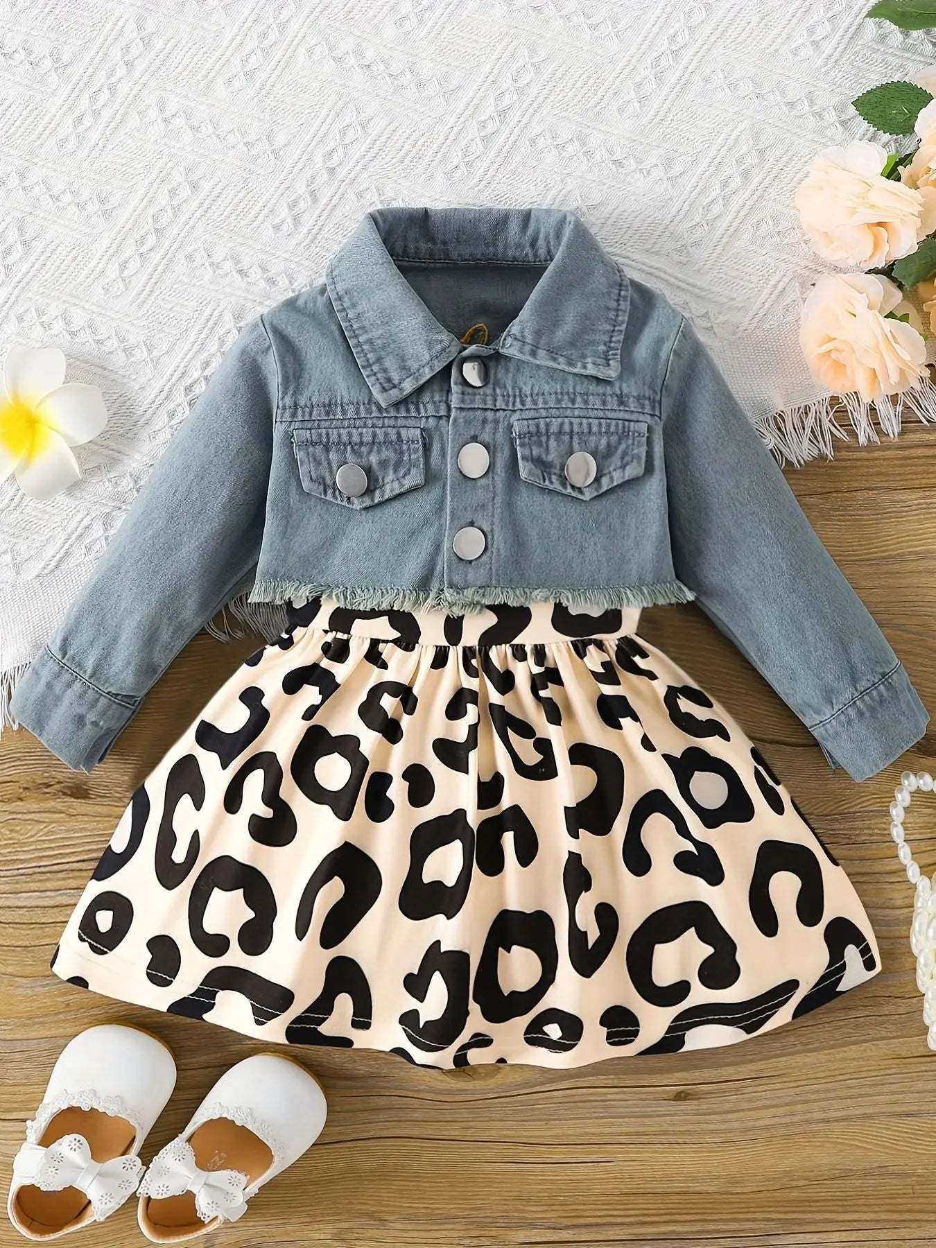 Baby Girl Sleeveless Fawn Print Dress Denim Embroidery Long Sleeve Jacket