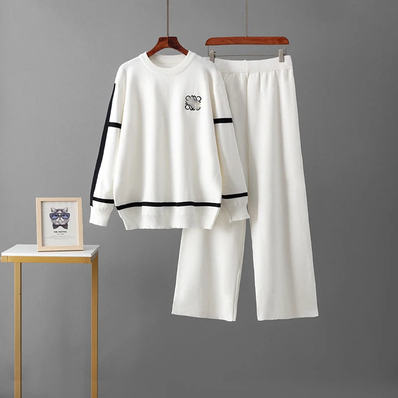 Casual Fashion Women Knitted 2 Piece Sets Korea Soft Strecth O-neck Sweater Tops Conjunto Elegant High Waist Wide Leg Pants