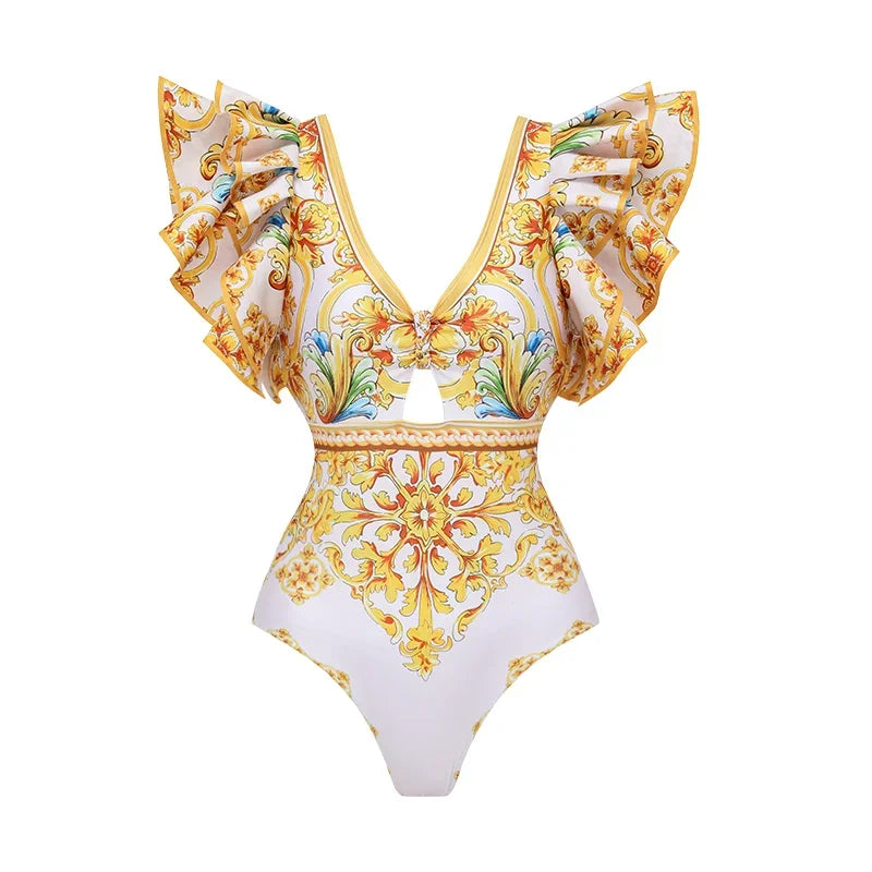 Golden Riviera Luxe Ruffle V-Neck One-Piece & Chic Shorts Beachwear Co-Ord