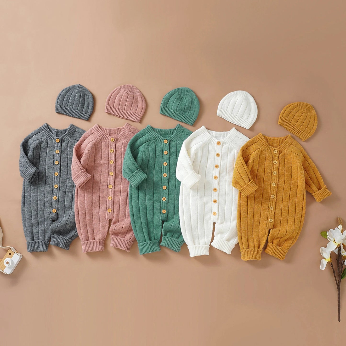 Baby Girls Boys Winter Jumpsuit and Cap Solid Color Long Sleeve Single-breasted Knitted Romper 0-18Months