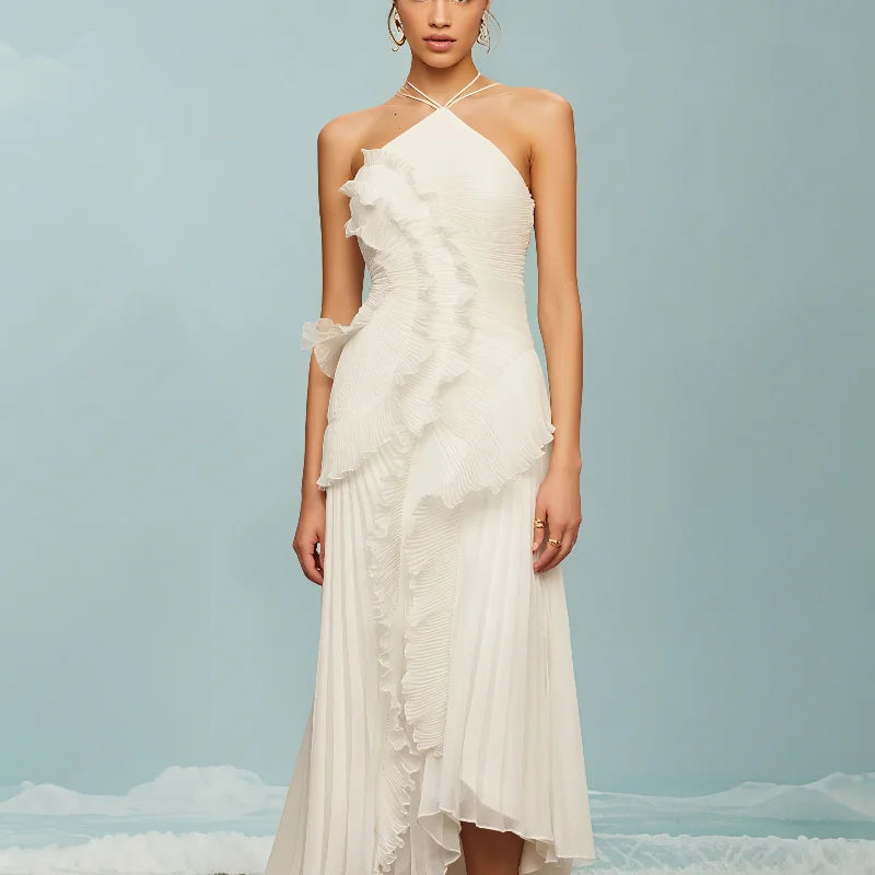 Royal Bloom Halter Tiered Ruffles Backless Party Dress