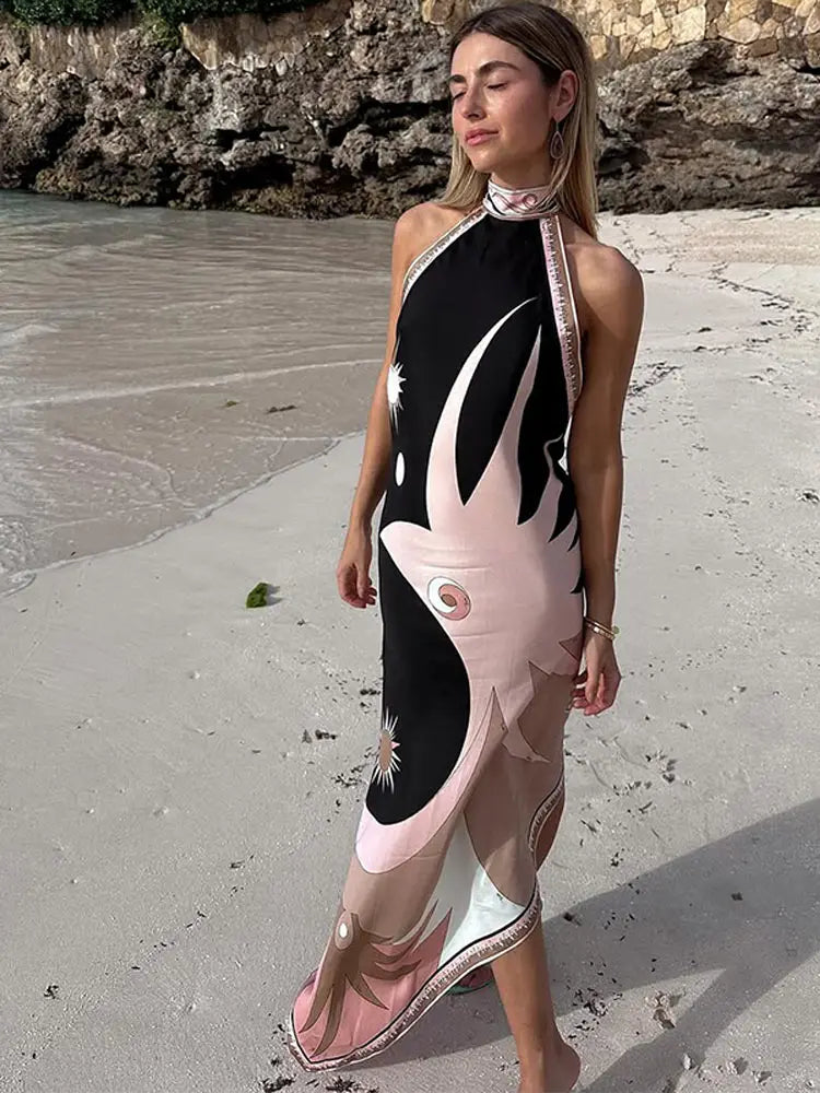 Lace Allure Printed Halter Backless Maxi Dress