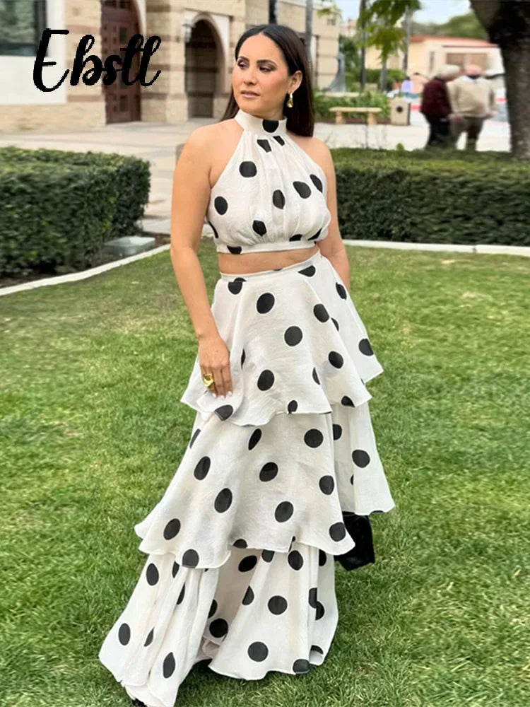 Sleeveless Crop Vest & Flowy High-Waist Skirt Polka Sway Luxe Co-Ord