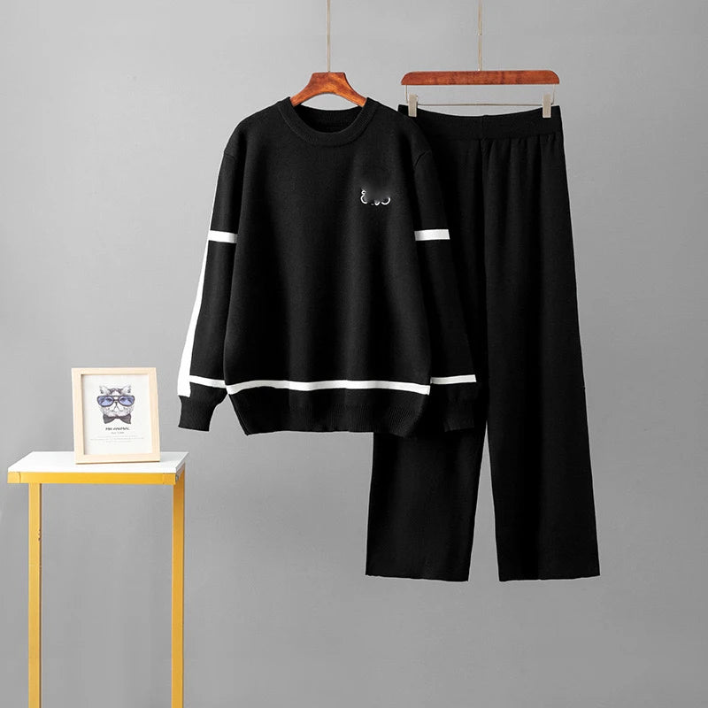 Casual Fashion Women Knitted 2 Piece Sets Korea Soft Strecth O-neck Sweater Tops Conjunto Elegant High Waist Wide Leg Pants
