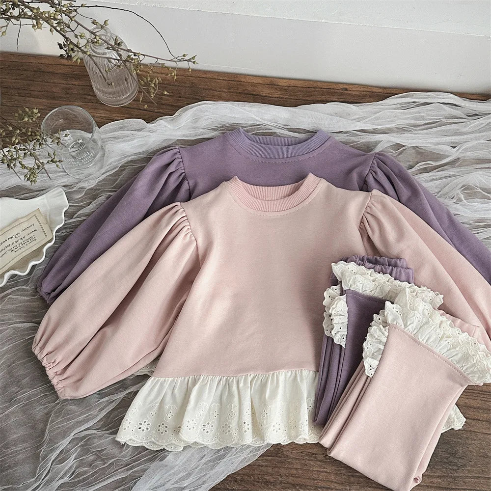 BabyGirl Long Sleeve Clothes Set Cute Lace Sweatshirt And Pants Suit Infant