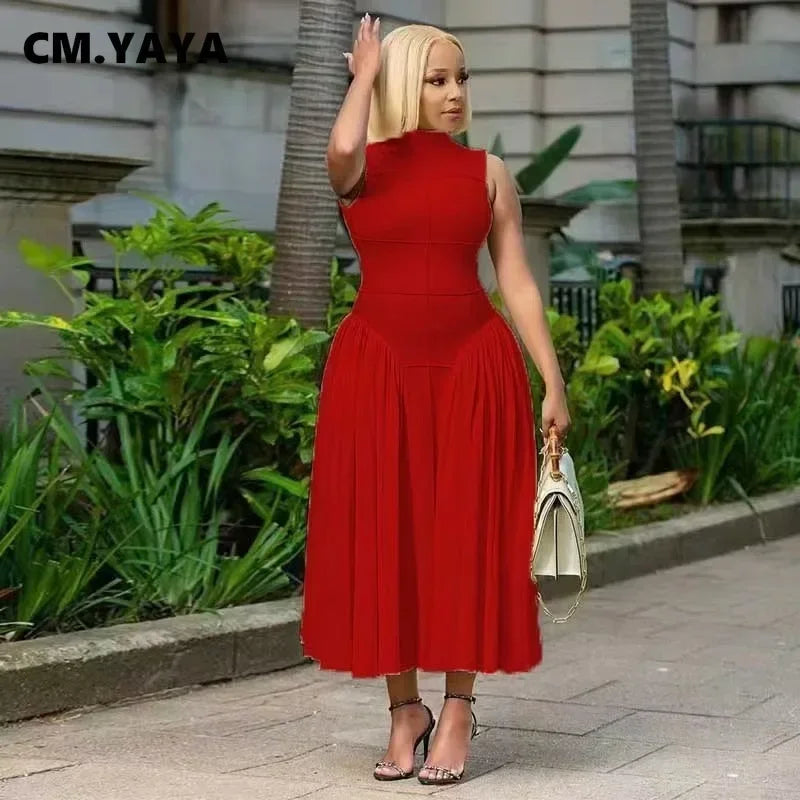 Women Ruched Side Sleeveless Pleated Maxi Dress
