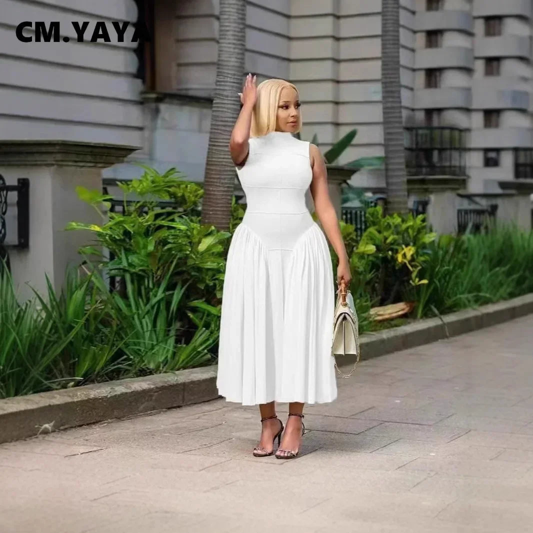 Women Ruched Side Sleeveless Pleated Maxi Dress