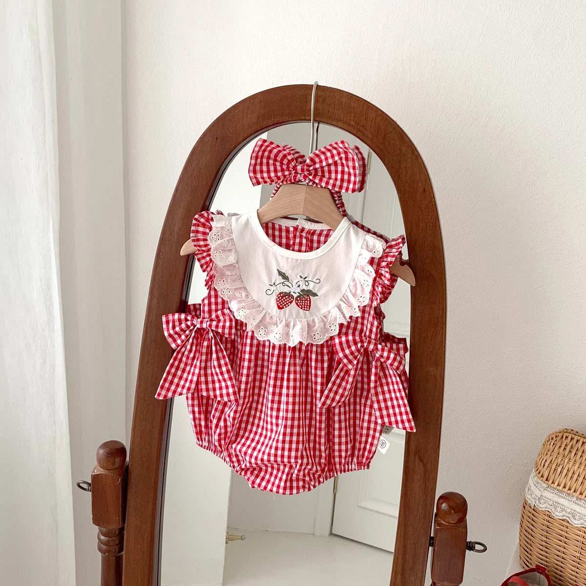 Baby Girls Romper+Headband Newborn Red Plaid Strawberry Embroidery Onesies