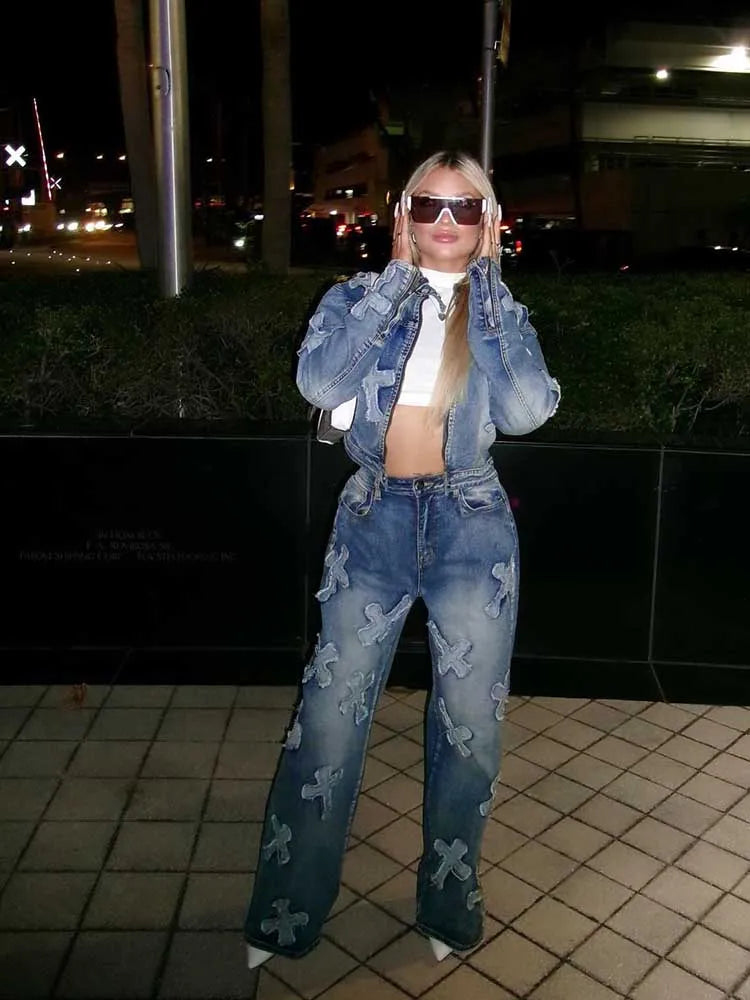Women's Long Sleeve Jacket and Straight Trouser Casual 2 Piece Denim Sets