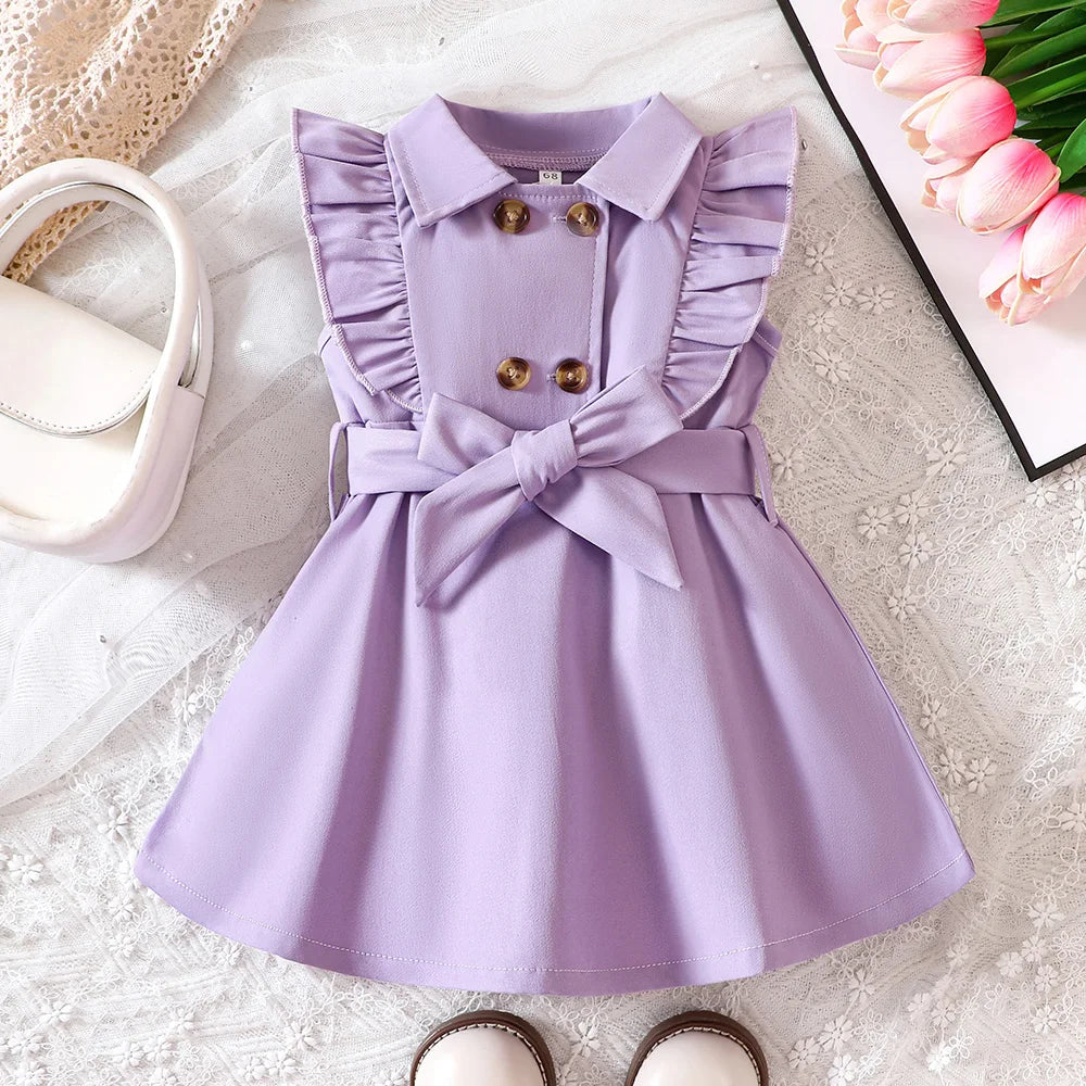Kids Girls Retro Solid Color Trench Belted Dress