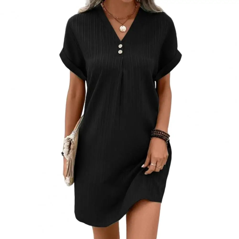 Summer Women Dress V Neck Button Short Sleeves Loose Casual Loose Fit Button Dress Summer Loose Lady Short Dress Women Dresses