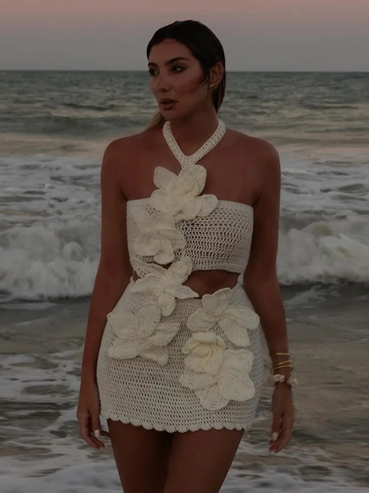 Knit 3d Flower Sleeveless Halter Sexy Dress