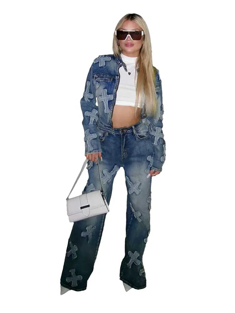 Women's Long Sleeve Jacket and Straight Trouser Casual 2 Piece Denim Sets