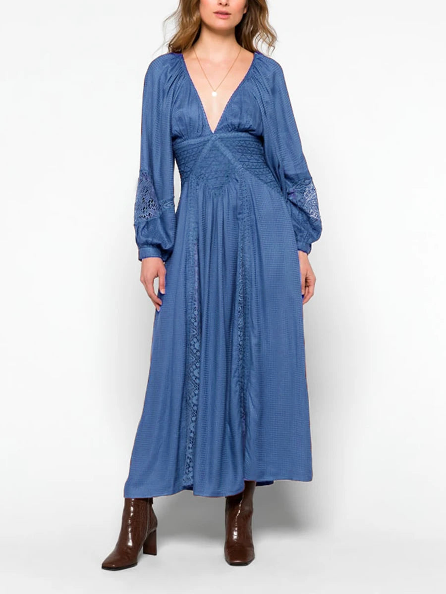 Women Long Dress Long Sleeve Dress V-Neck Lace Patchwork Loose Swing Dress
