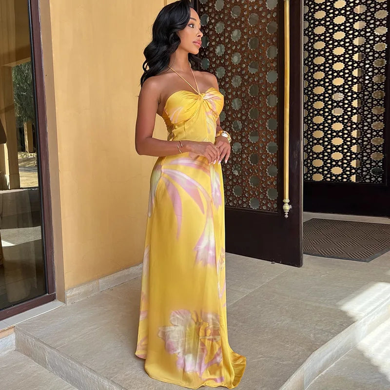 Women's Floral Halter neck Strappy Strapless Backless Long Dress