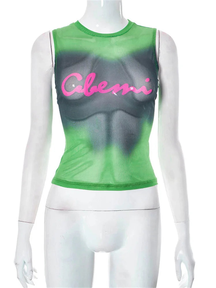 Tie Dye Printed Sleeveless Tank Top Sexy Mesh See Through Crop Tops Women