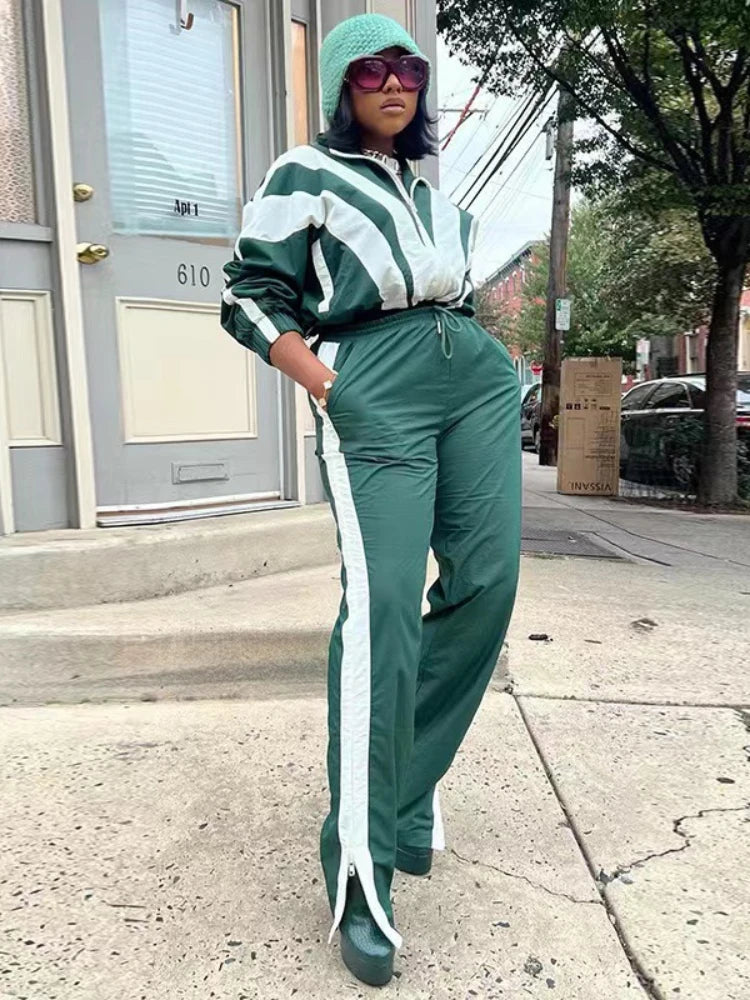 Women Zipper Coat Side Striped Jogging Pants Matching Set Autumn Workout Activewear Sport Tracksuit