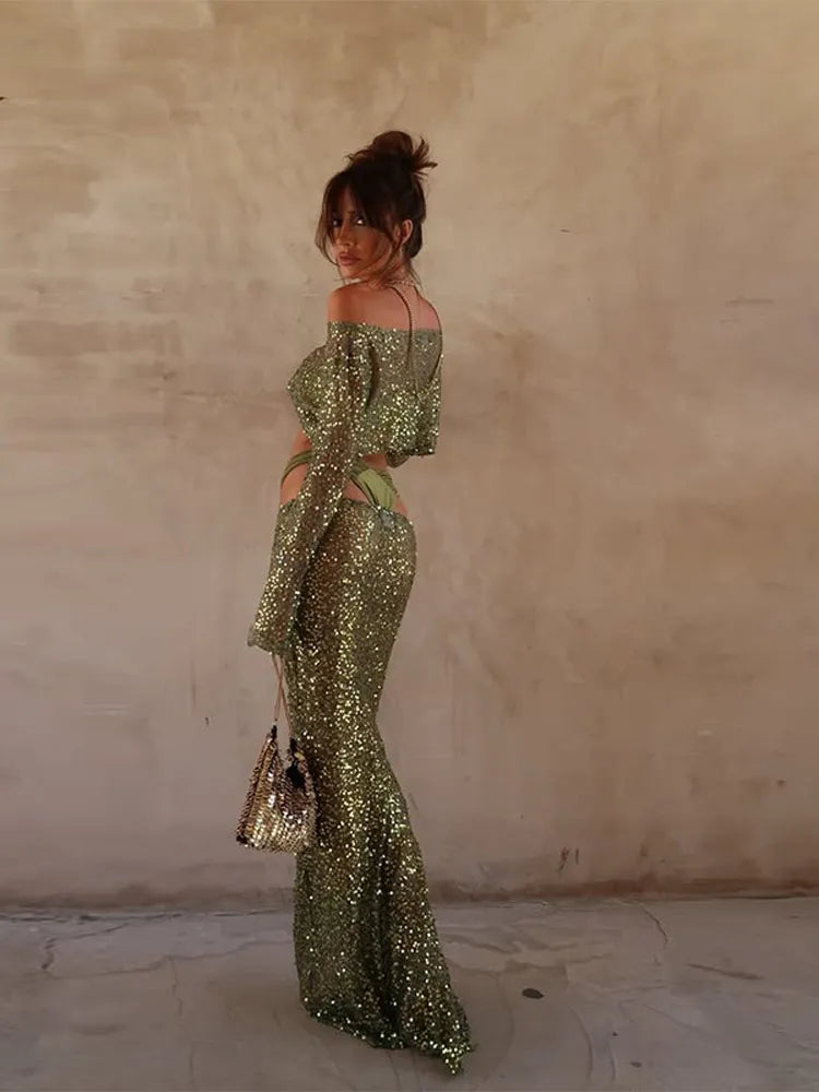 Glimmer Drape in Dazzle Two-Piece Sequin Sparkle Top & Flow Skirt