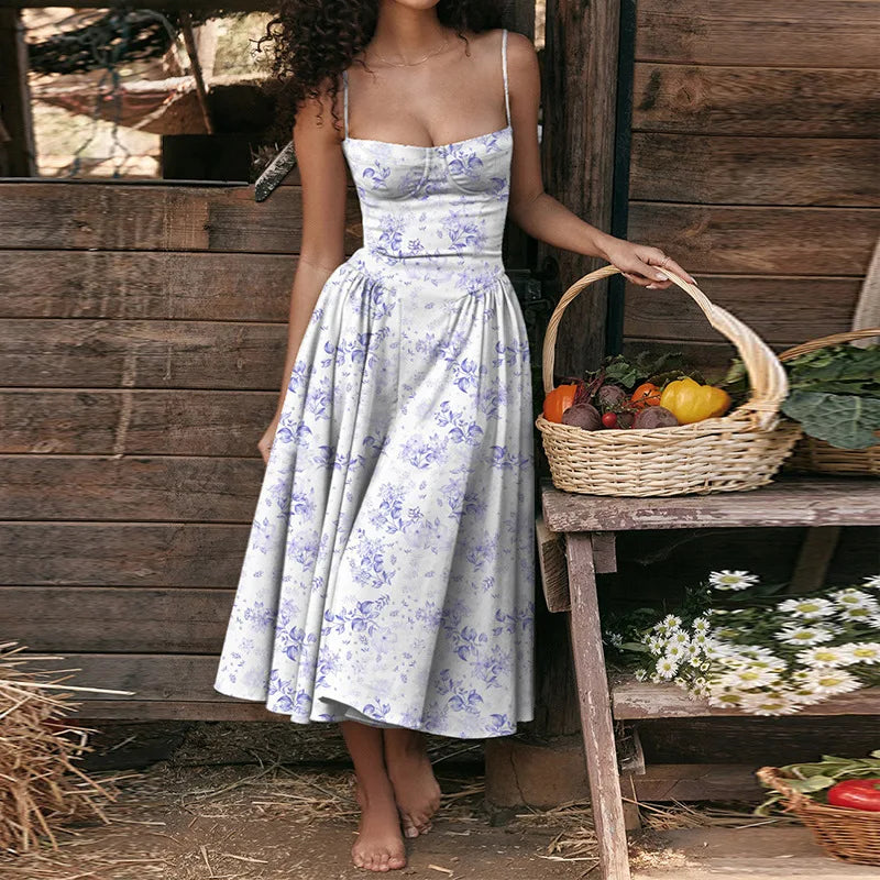 Sexy Spaghetti Strap Long Dresses Slim French Vintage Elegant Style Dress