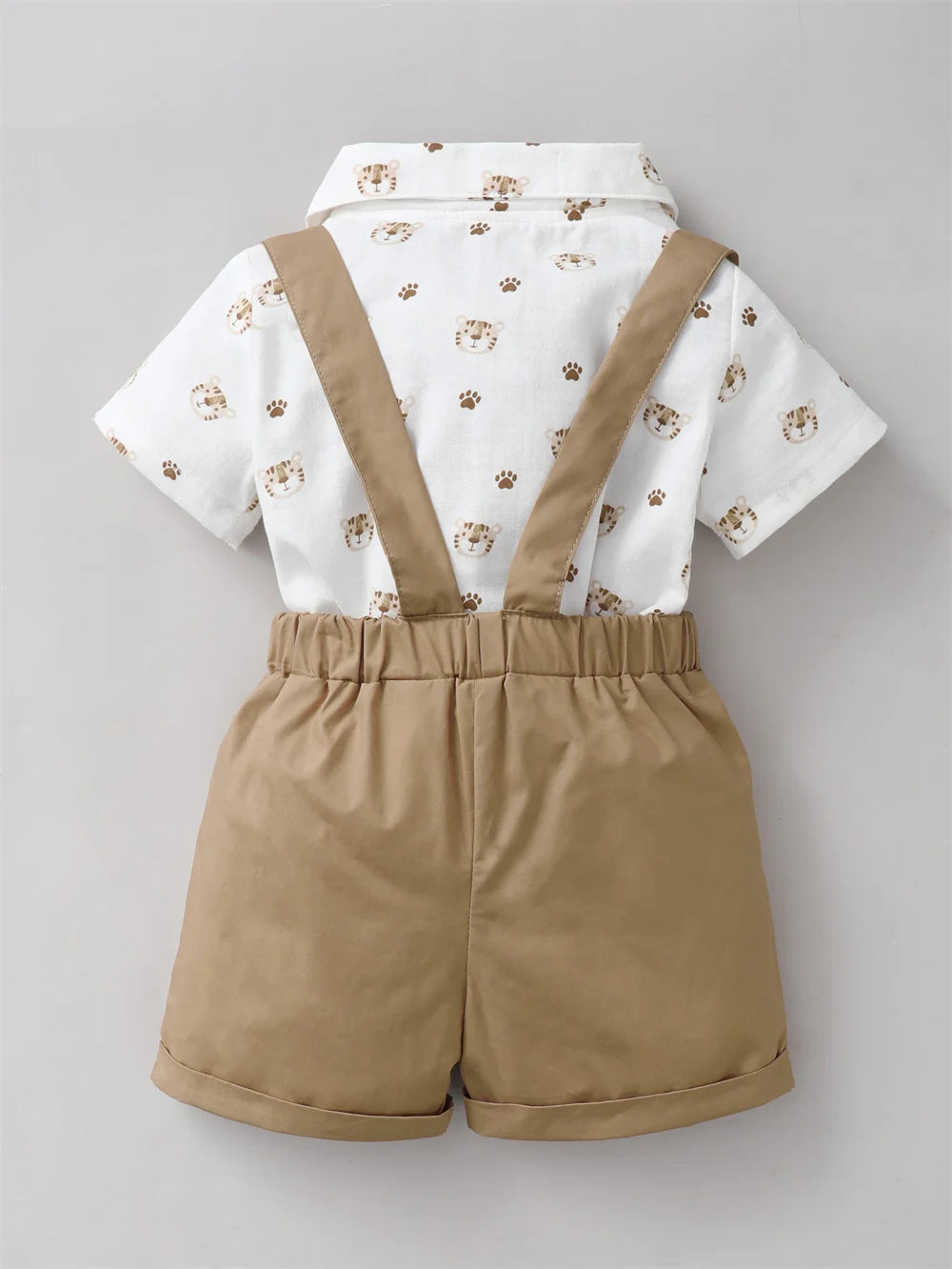 Infant Boy Clothes Set Tiger Print Short Sleeve with Bow+Strap Shorts