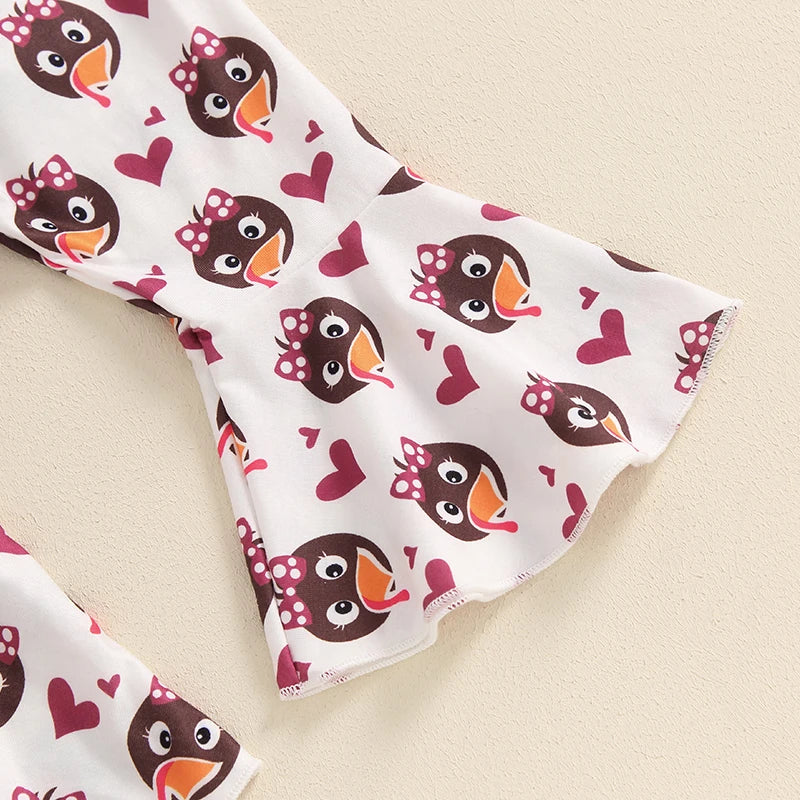 Baby Girl Turkey Print Long Sleeve Romper Flared Pants Bow Headband