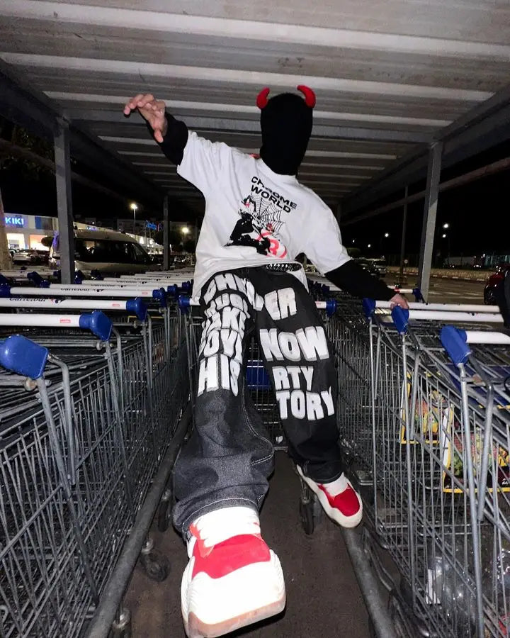 Streetwear Jeans Retro Hip Hop Letter Graphic Print Baggy Jeans Black Pants Wide Leg Trousers