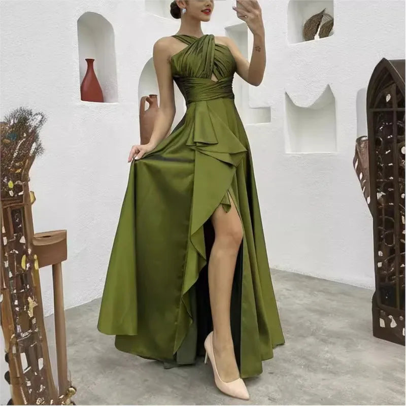 Elegant Fashion Sleeveless High Waist Hollow Out Ruffle Slit Dress