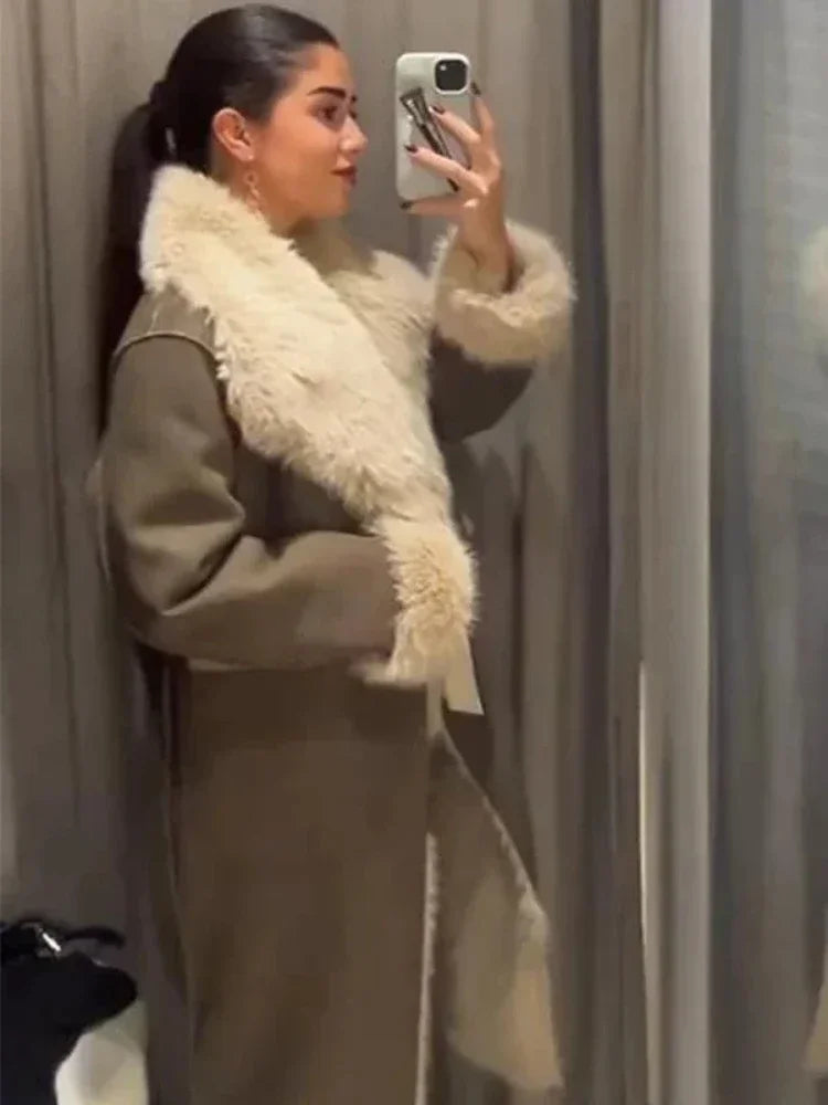 Women's Faux Fur Warm Coat Double-sided Wear Loose Lapel Long Sleeve Single Button Pocket Casual Overcoat Winter Chic Coat