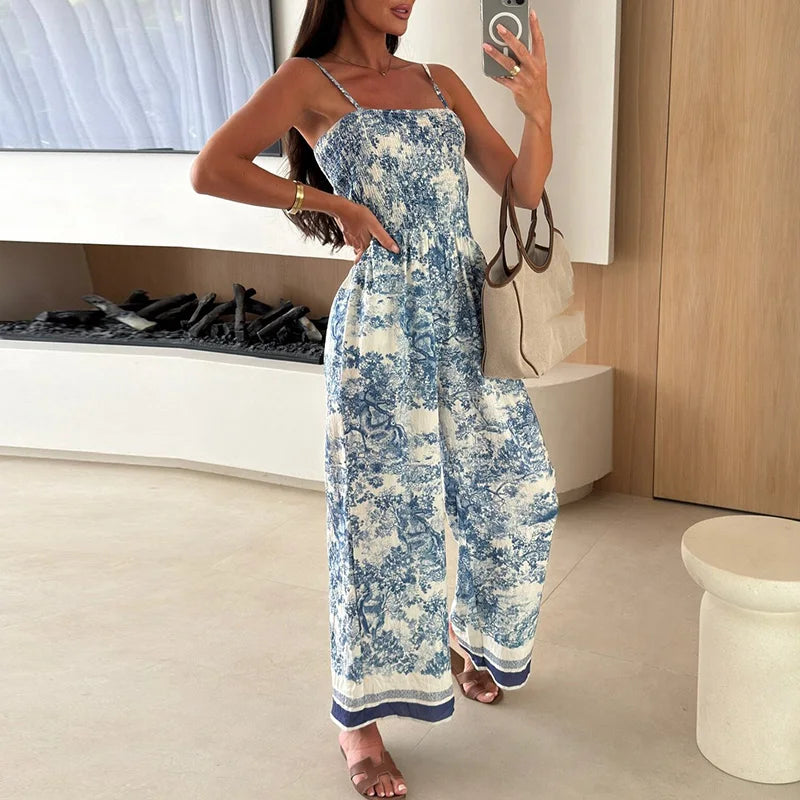 Vintage Pattern Print Straight Jumpsuit Women Sexy Slash Neck Suspender Playsuit Romper 2025 Summer Sleeveless Wide Leg Overalls