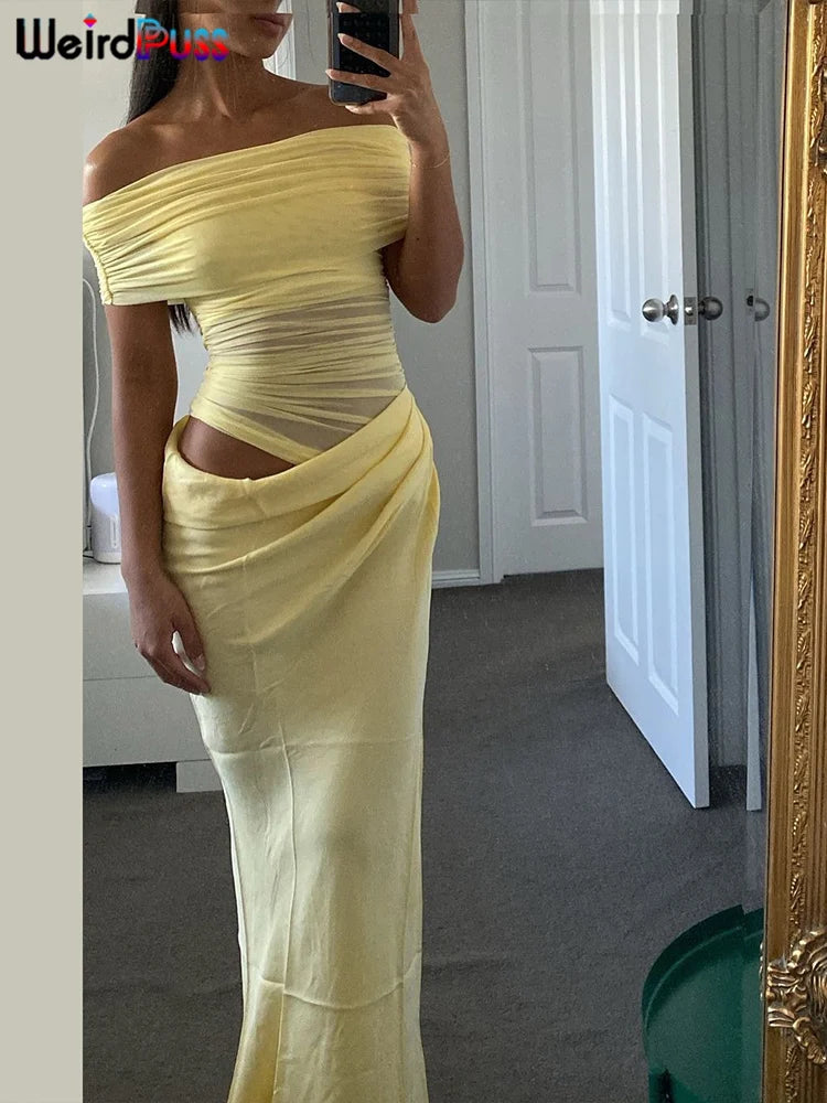 Elegant Long Bodycon Velour Muse Ruched Mesh Maxi Dress