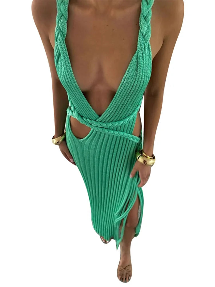 Tropical Radiance Knit Rib Maxi Hollow Out, High Slit, & Heatwave Ready Chic Dress