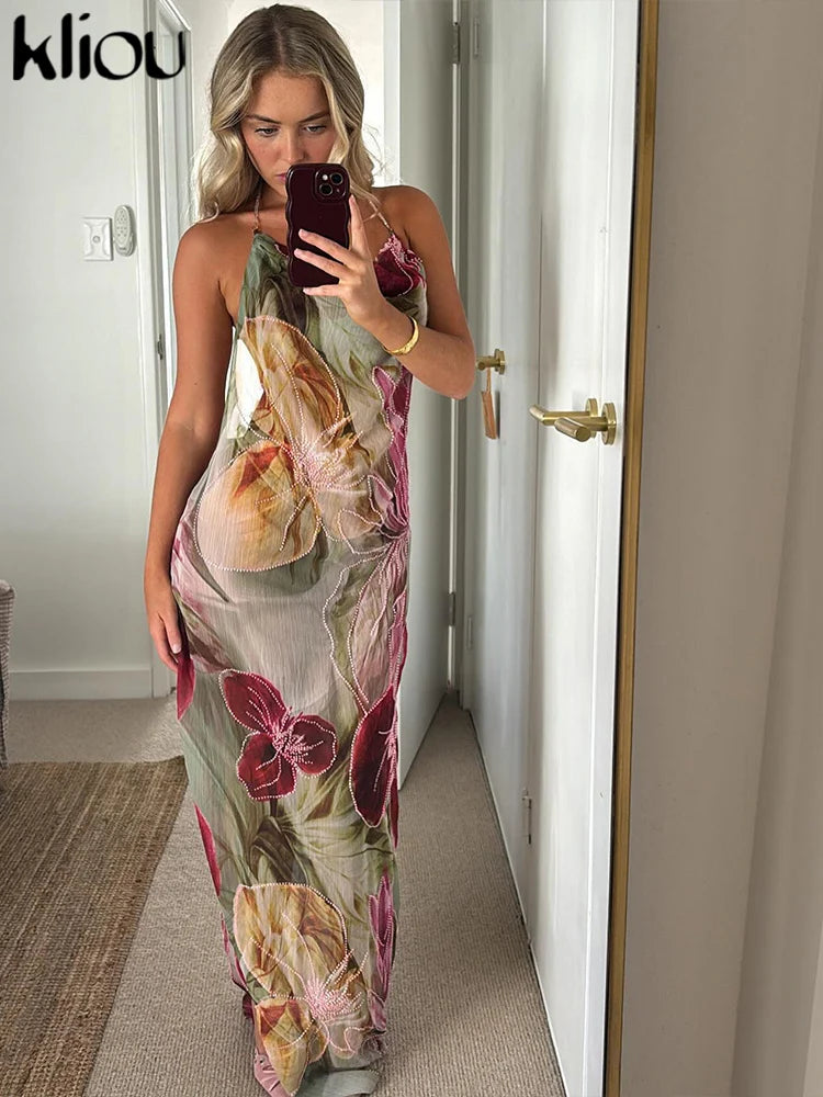 Floral Print Women Backless Halter Split Thin Dress