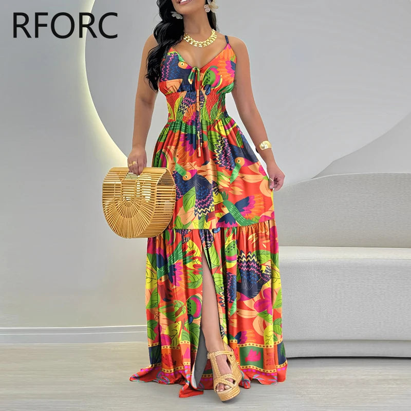 Women Spaghetti Straps Ruffle Hem Silt Maxi Dress