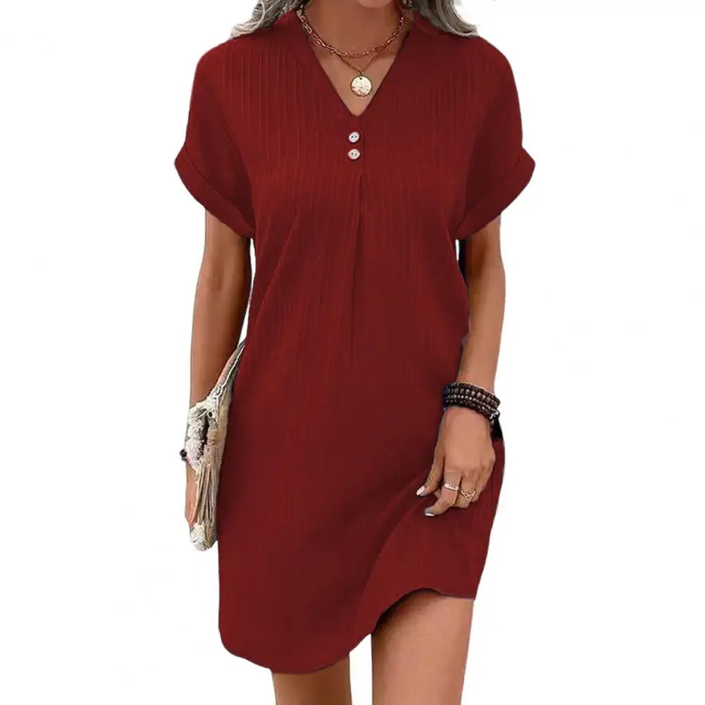 Summer Women Dress V Neck Button Short Sleeves Loose Casual Loose Fit Button Dress Summer Loose Lady Short Dress Women Dresses