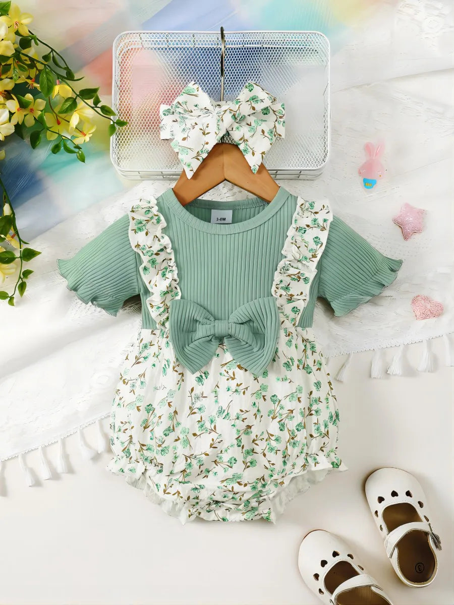 Baby Girl Floral Texture Crepe Fabric Round Neck Fly Sleeve Ruffle Edge Jumpsuit And Headband