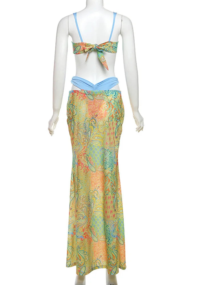 Tropical Bloom Temptation Floral Bra Crop & Skirt Two-Piece Vacation Co-Ord