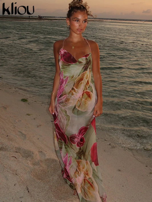 Floral Print Women Backless Halter Split Thin Dress