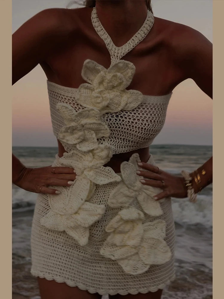Knit 3d Flower Sleeveless Halter Sexy Dress