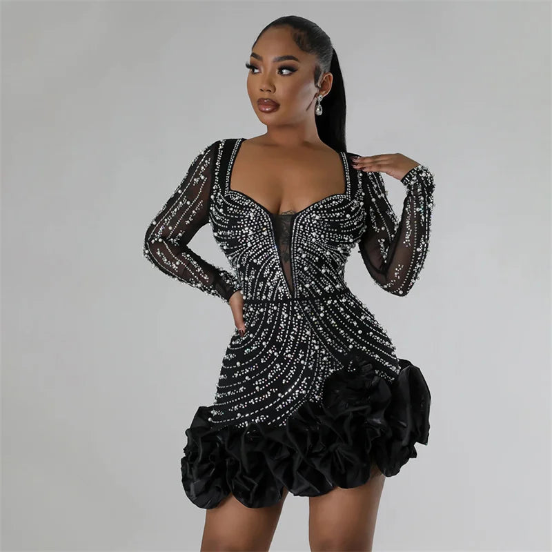 Mesh Sleeve Bodycon pretty Diamonds Birthday Party Dress Tierred Ruffles Rhinestone Pearls Dress Pink