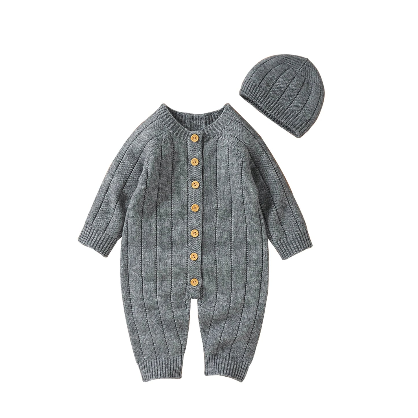 Baby Girls Boys Winter Jumpsuit and Cap Solid Color Long Sleeve Single-breasted Knitted Romper 0-18Months