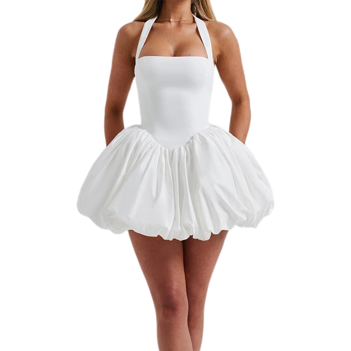 Women Mini Solid Halter Neck Bubble Kawaii Tie Up A Line Dress