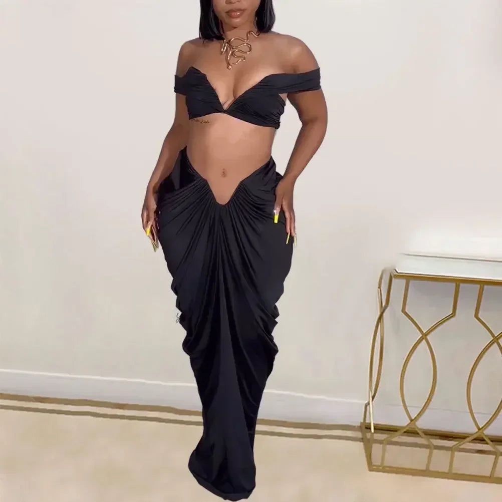 Off Shoulder Crop Top and Low Waist Maxi Long Skirts Two Piece Sets Outfits