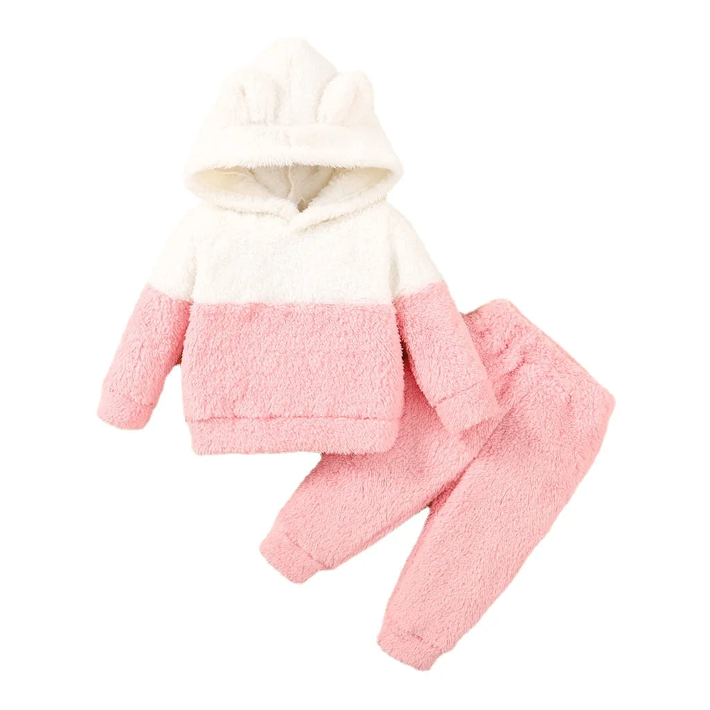 Newborn Baby Girl Fluff Hooded Clothes Set Long Sleeve Hoodie Top + Pant