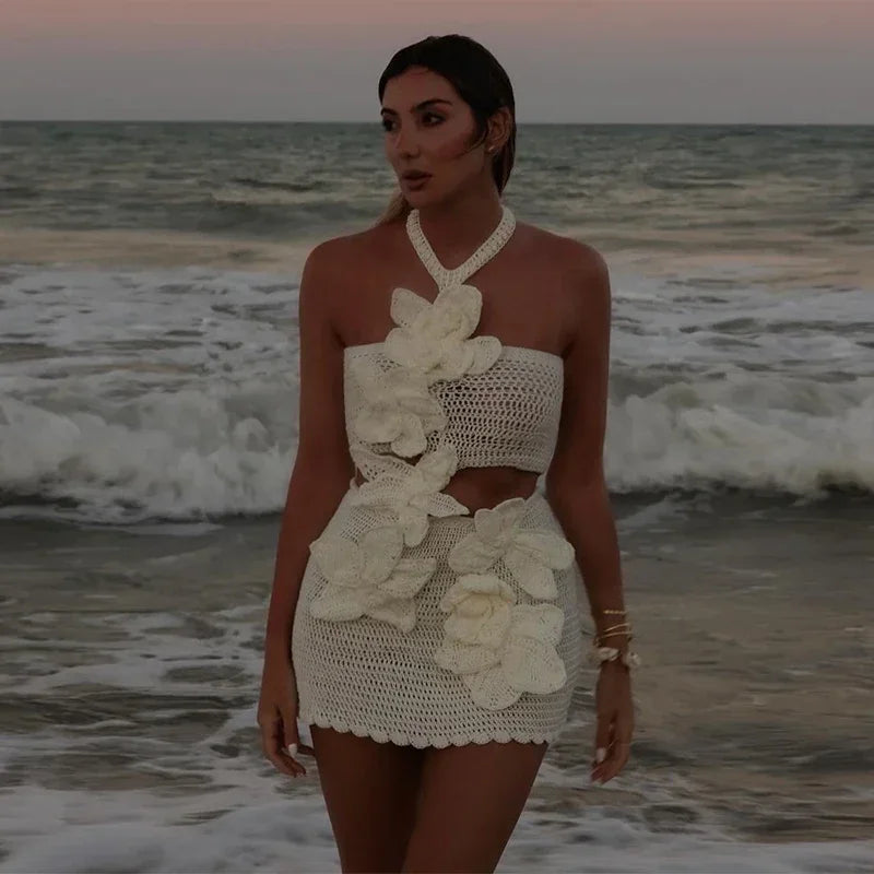 Knit 3d Flower Sleeveless Halter Sexy Dress