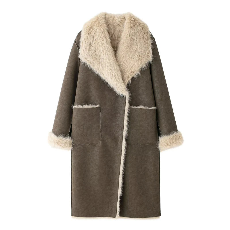 Women's Faux Fur Warm Coat Double-sided Wear Loose Lapel Long Sleeve Single Button Pocket Casual Overcoat Winter Chic Coat