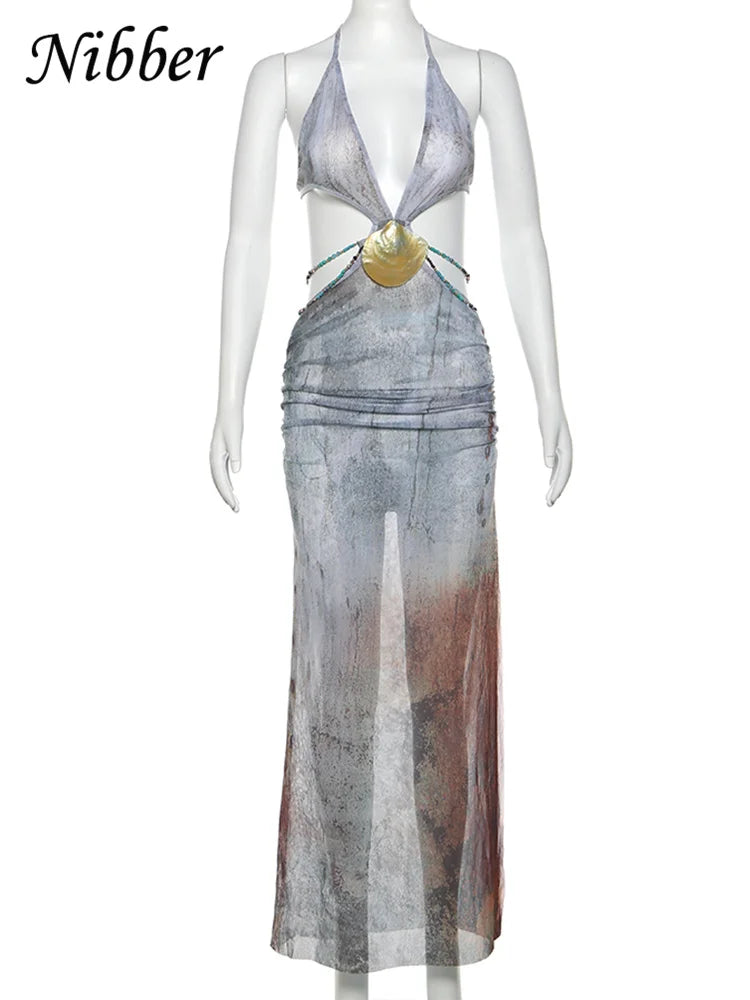 Pearl Shells Halter See Thorough Backless Waistless Deep v-Neck Dress