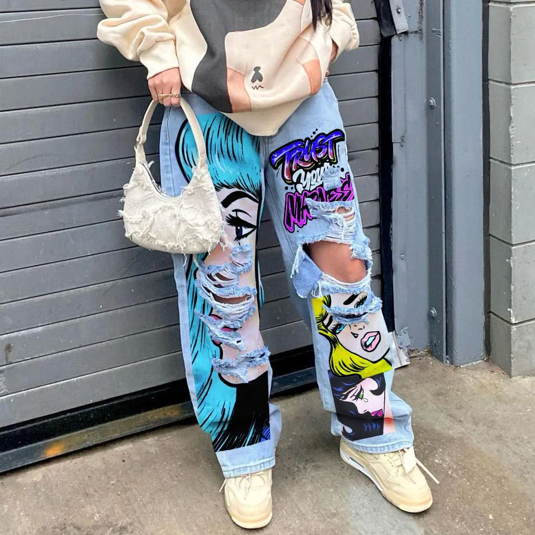 Women's 2023 New Street Fashion INS Network Red American Individualized Girls' Graphic Print Perforated Beggar Denim Pants