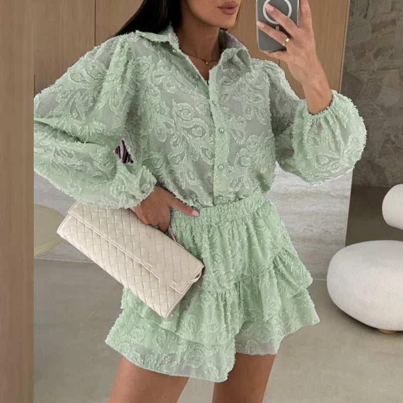 Fashion Lapel Button Shirt and Shorts Suit Casual Long Sleeved Beach Outfit 2025 Summer Lace Ruffle Loose Women's Two Piece Set